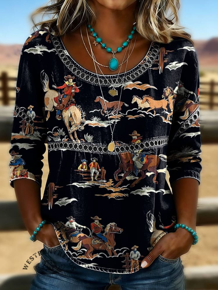 Women's Classic West Print Casual Hollow Denim Shirt