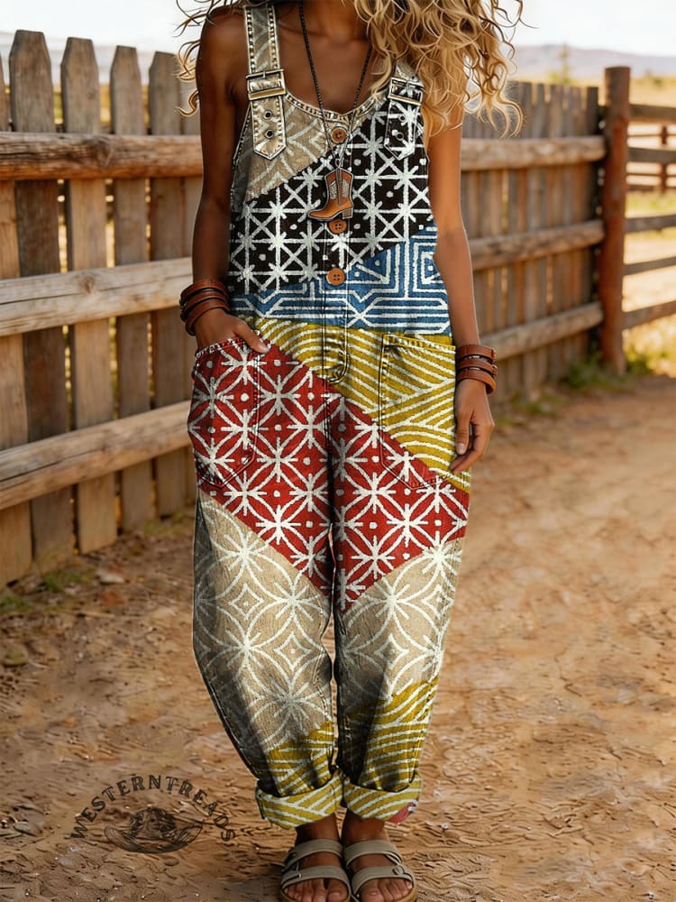 Women's Contrast Color Art Print Casual Denim Jumpsuit