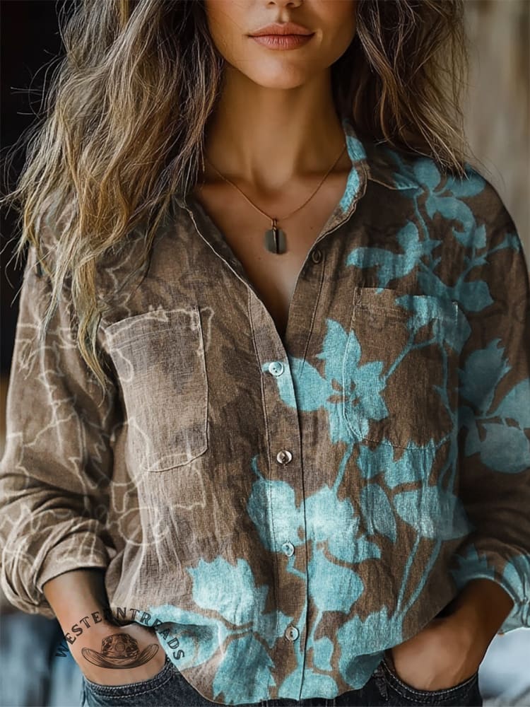 Women's Contrast Floral Print Casual Long Sleeve Comfortable Cotton Shirt