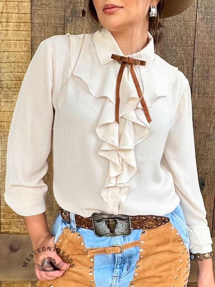 Women's Cowboy Print Casual Ruffle Shirt - Image 3