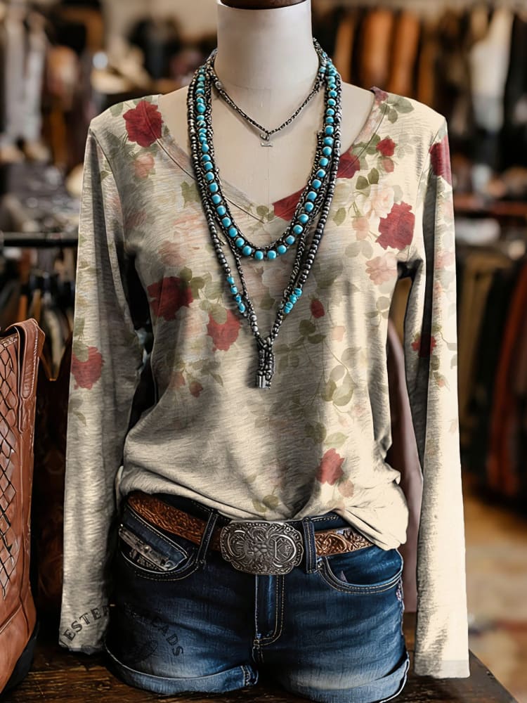 Women's Floral Art Print Casual V-neck Long Sleeve T-shirt