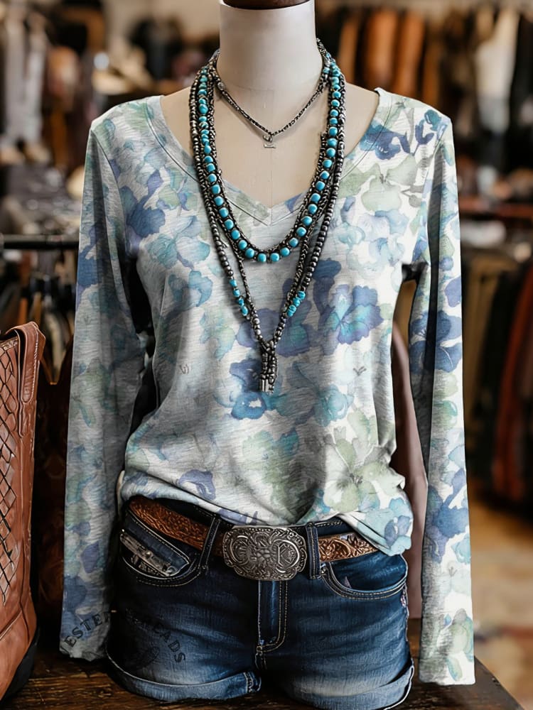 Women's Floral Art Print Casual V-neck Long Sleeve T-shirt