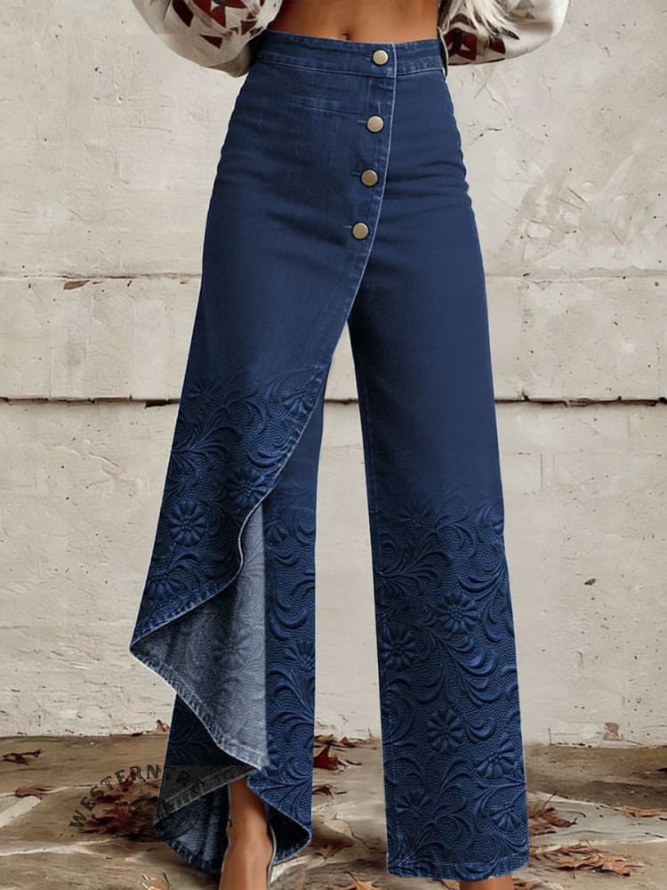Women's Floral Art Print High-waisted Relaxed Fit Wide-leg Jeans