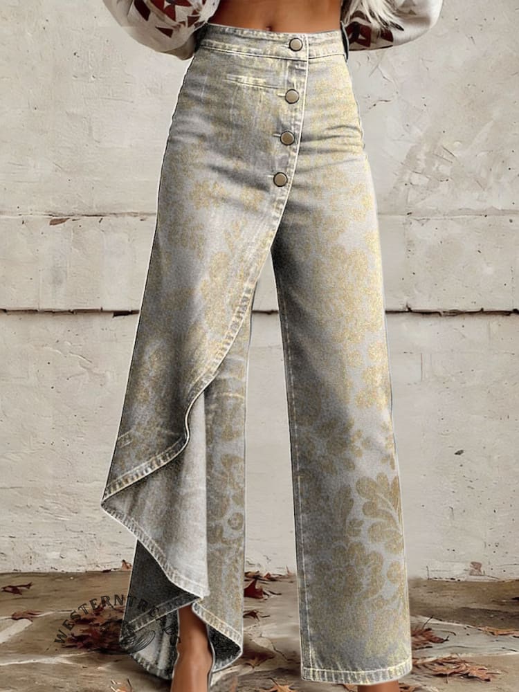 Women's Floral Art Print High-waisted Relaxed Fit Wide-leg Jeans