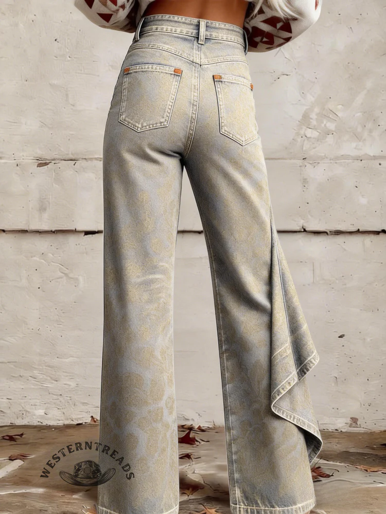 Women's Floral Art Print High-waisted Relaxed Fit Wide-leg Jeans - Image 2