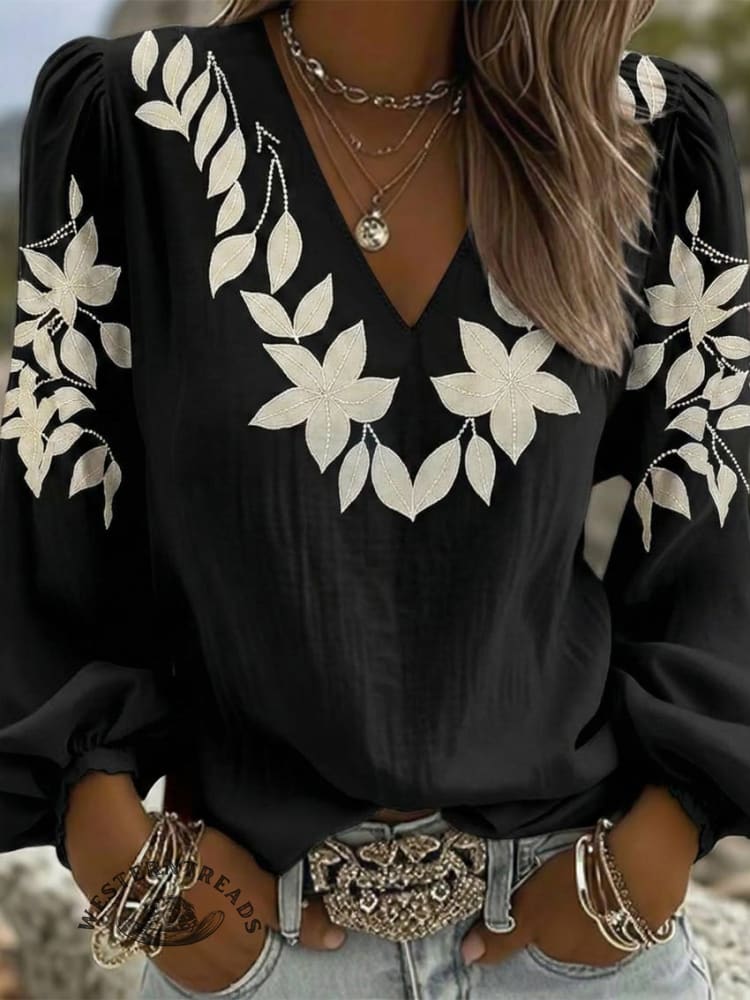 Women's Floral Print Casual Cotton And Linen Shirt