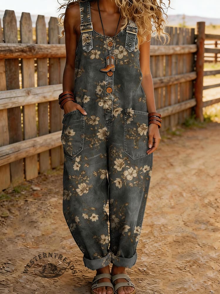 Women's Floral Print Casual Denim Jumpsuit With Adjustable Buckle