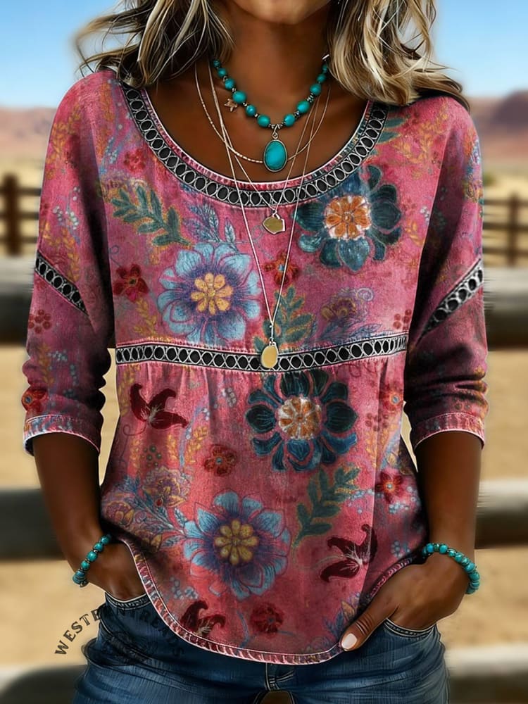 Women's Floral Print Casual Hollow Denim Shirt