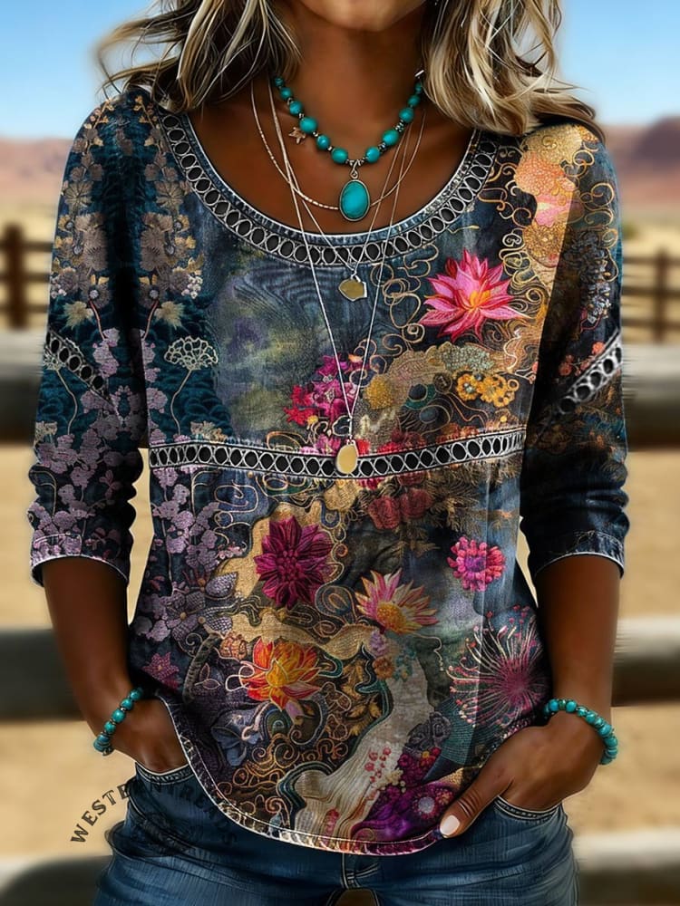 Women's Floral Print Casual Hollow Denim Shirt