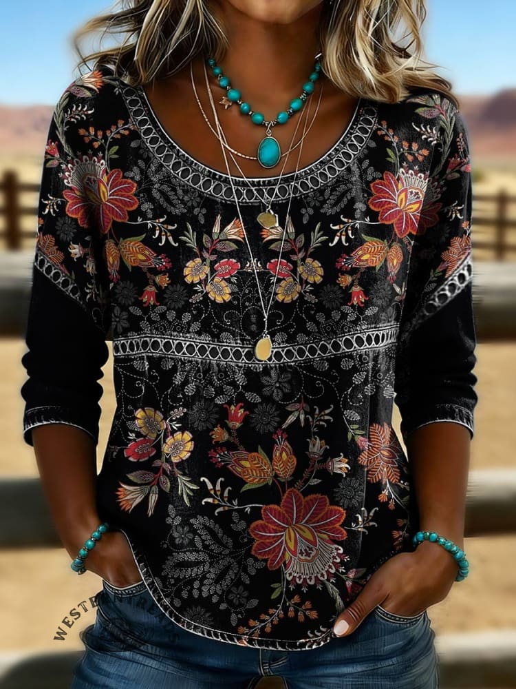Women's Floral Print Casual Hollow Denim Shirt
