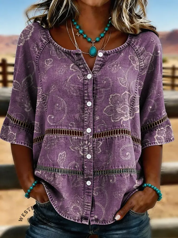 Women's Floral Print Casual Hollow-out Denim Shirt