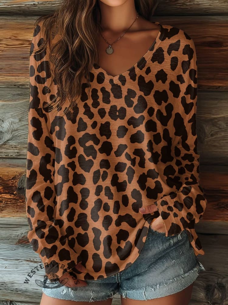100% Cotton🍃Women's Leopard Print Casual V-neck Long Sleeve T-shirt - Image 3