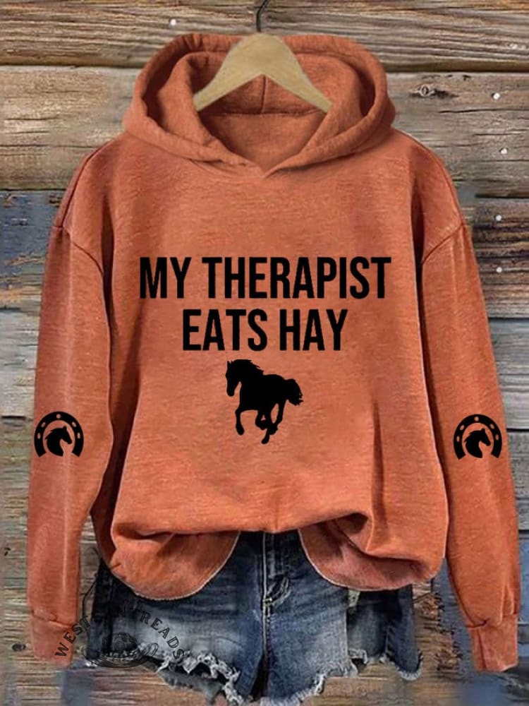 Women's My Therapist Eats Hay Horse Lover Printed Hooded Sweatshirt - Image 2