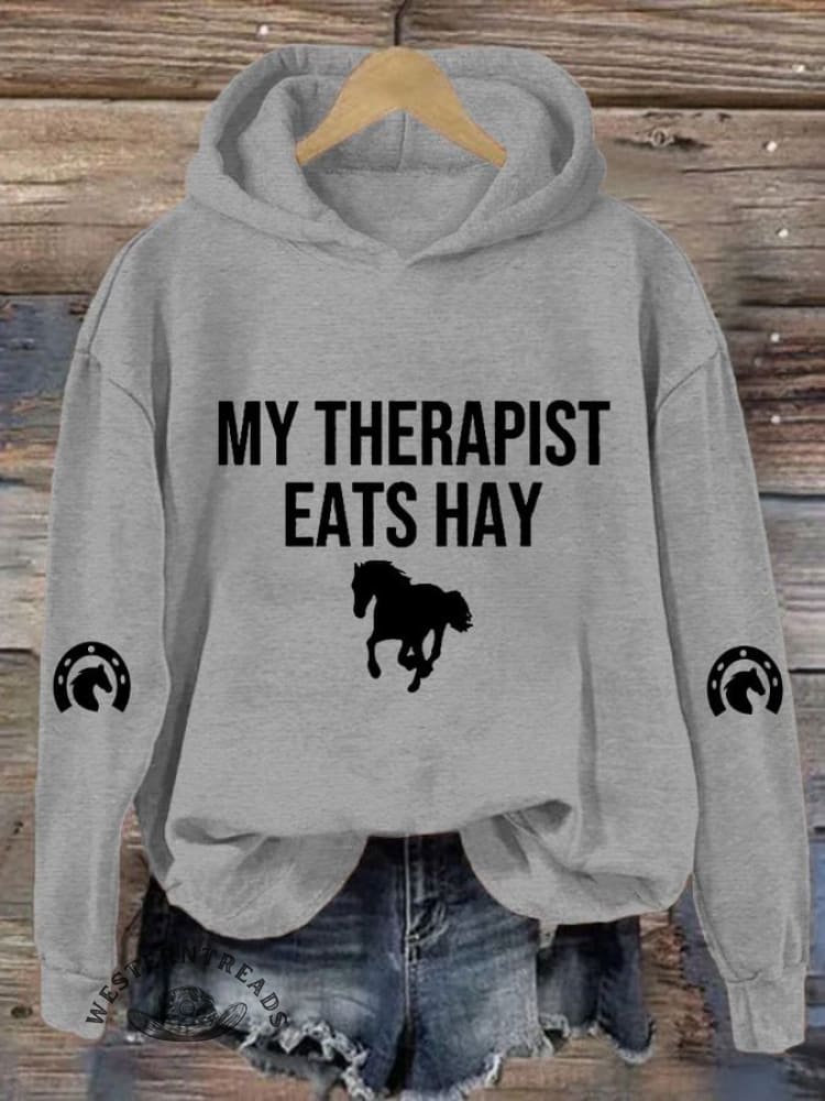 Women's My Therapist Eats Hay Horse Lover Printed Hooded Sweatshirt - Image 3