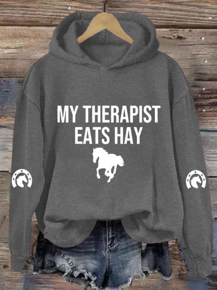 Women's My Therapist Eats Hay Horse Lover Printed Hooded Sweatshirt - Image 6
