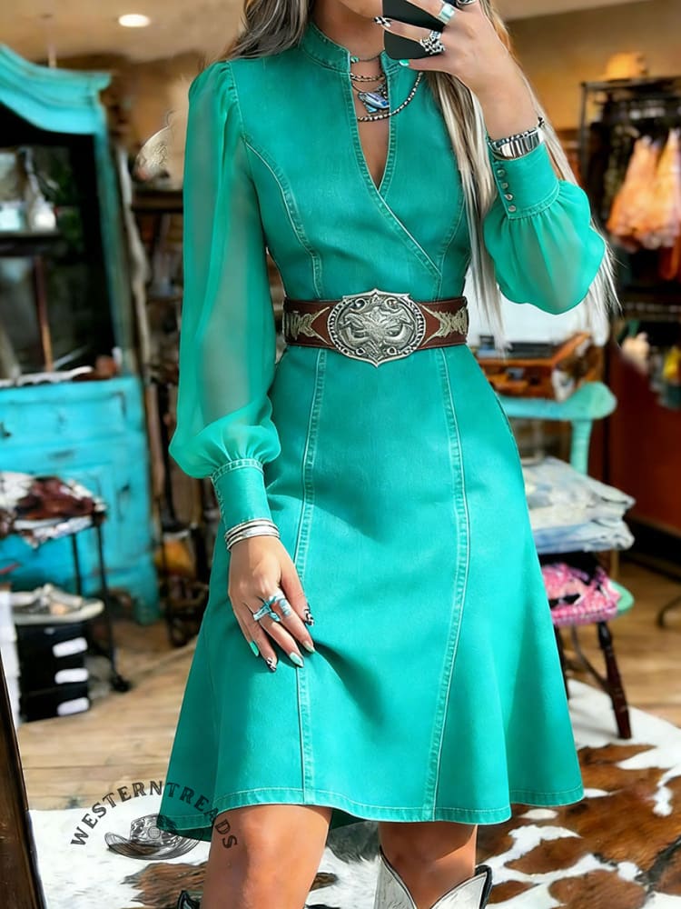 Women's Organza Patchwork Denim Dress - Image 3