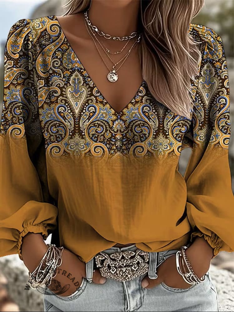 Women's Paisley Print Casual Cotton And Linen Shirt