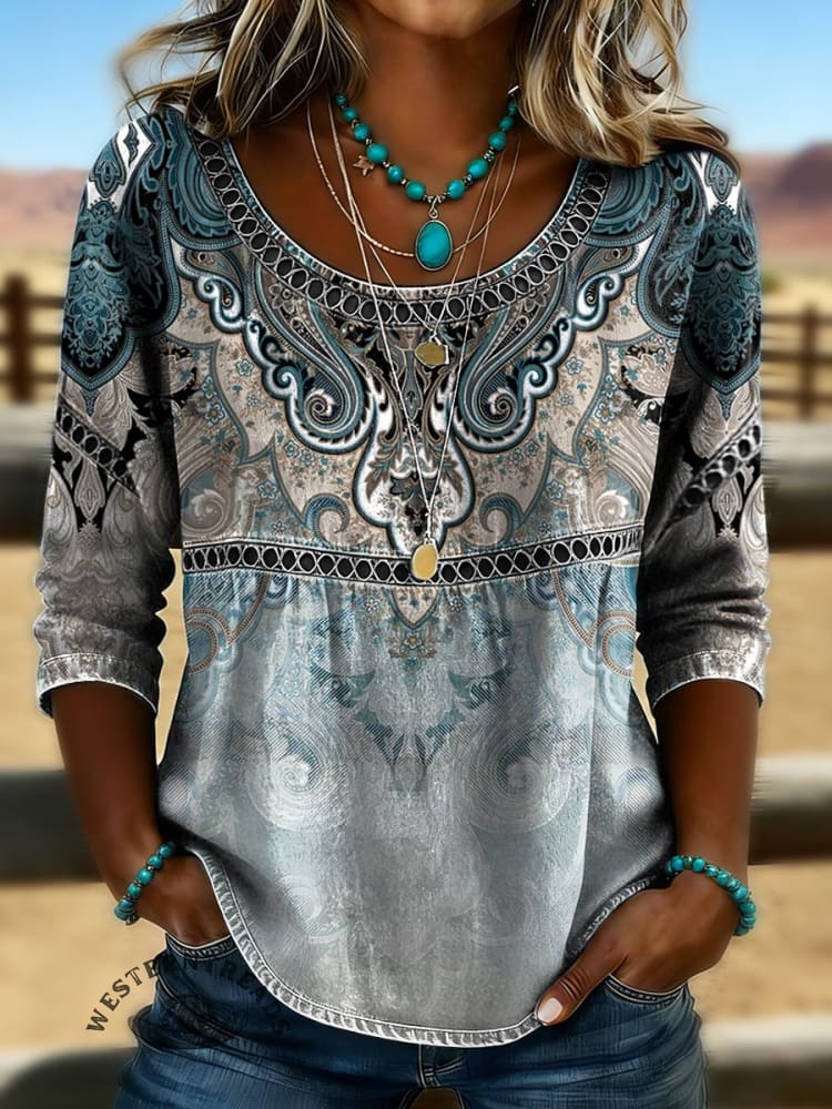 Women's Paisley Print Casual Hollow Denim Shirt