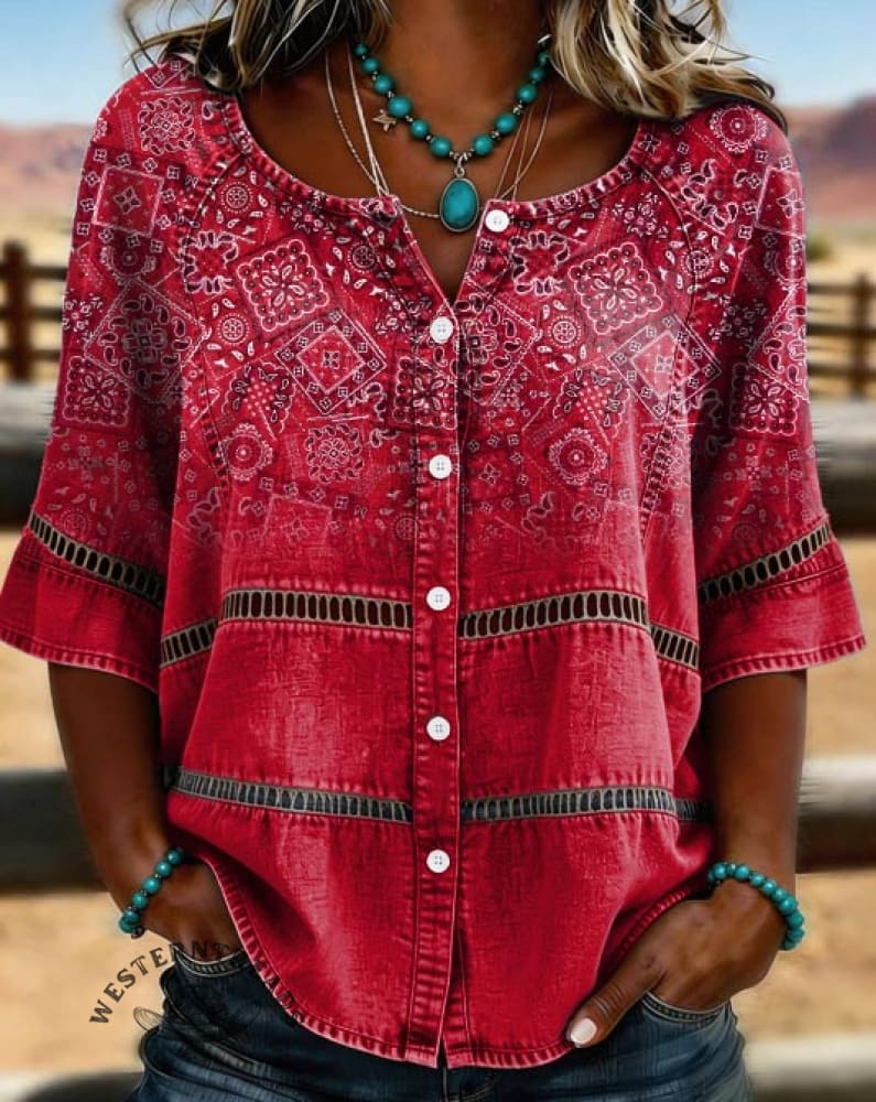 Women's Paisley Print Casual Hollow-out Top