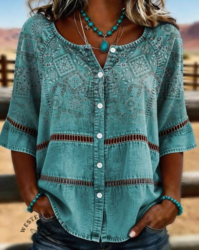 Women's Paisley Print Casual Hollow-out Top - Image 2