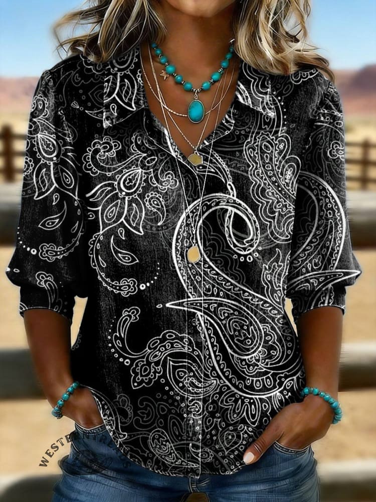 Women's Paisley Print Casual Puff Sleeve Denim Shirt