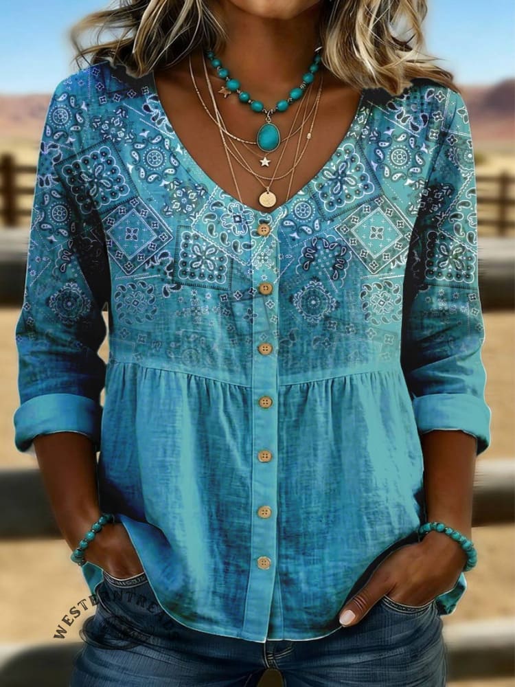 Women's Paisley Print Linen Cotton Shirt - Image 2