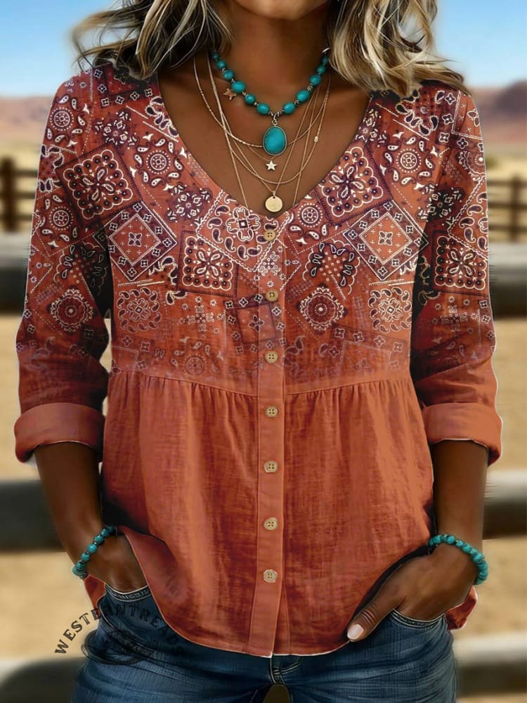 Women's Paisley Print Linen Cotton Shirt - Image 3