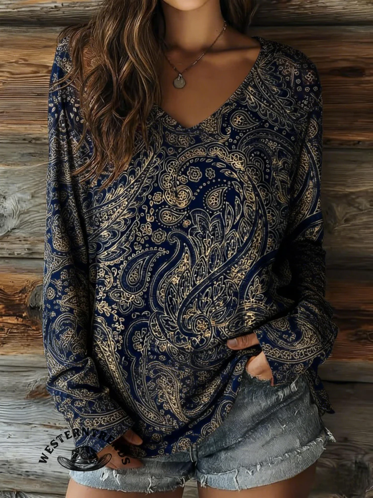 Women's Paisley Print V-neck Casual T-Shirt - Image 2