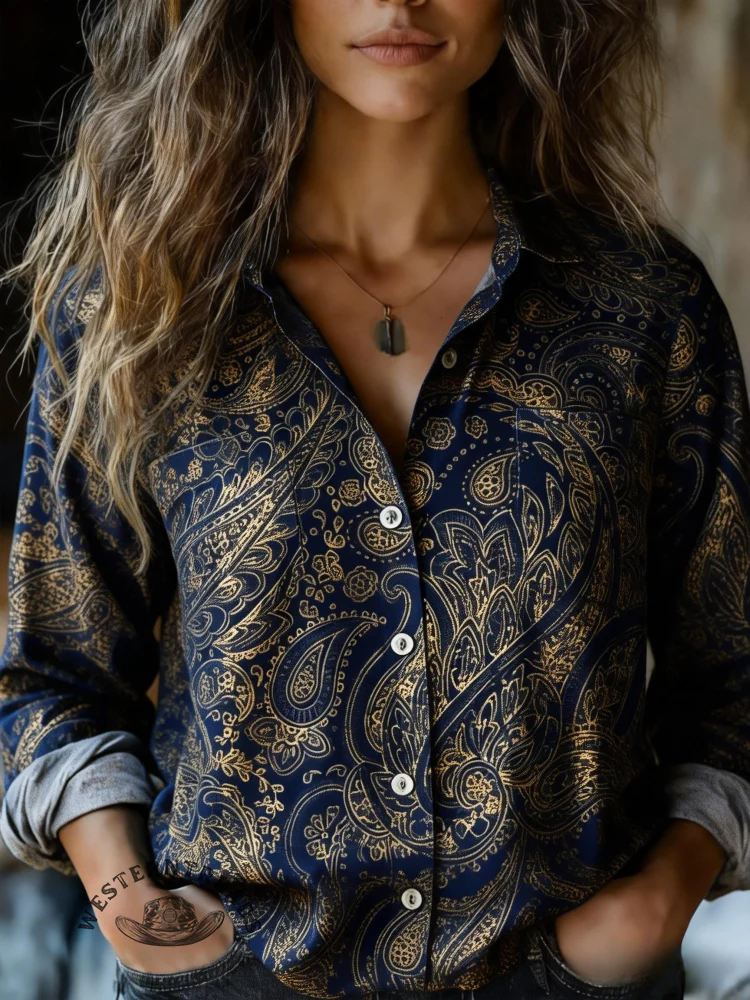 Women's Paisley Print V-neck Casual T-Shirt - Image 4