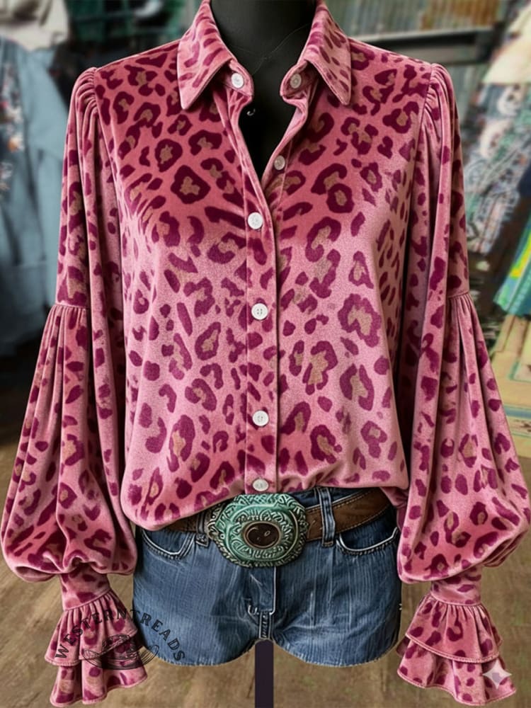 Women's Purple Leopard Print Lantern Sleeve Velvet Top - Image 3