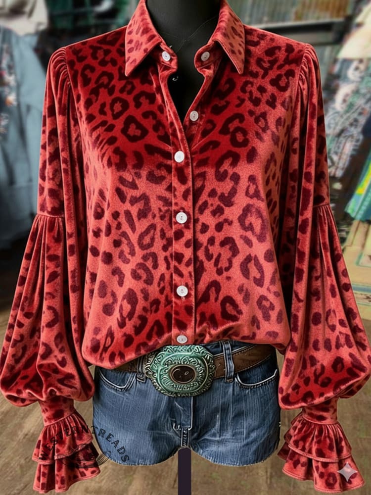 Women's Purple Leopard Print Lantern Sleeve Velvet Top - Image 4