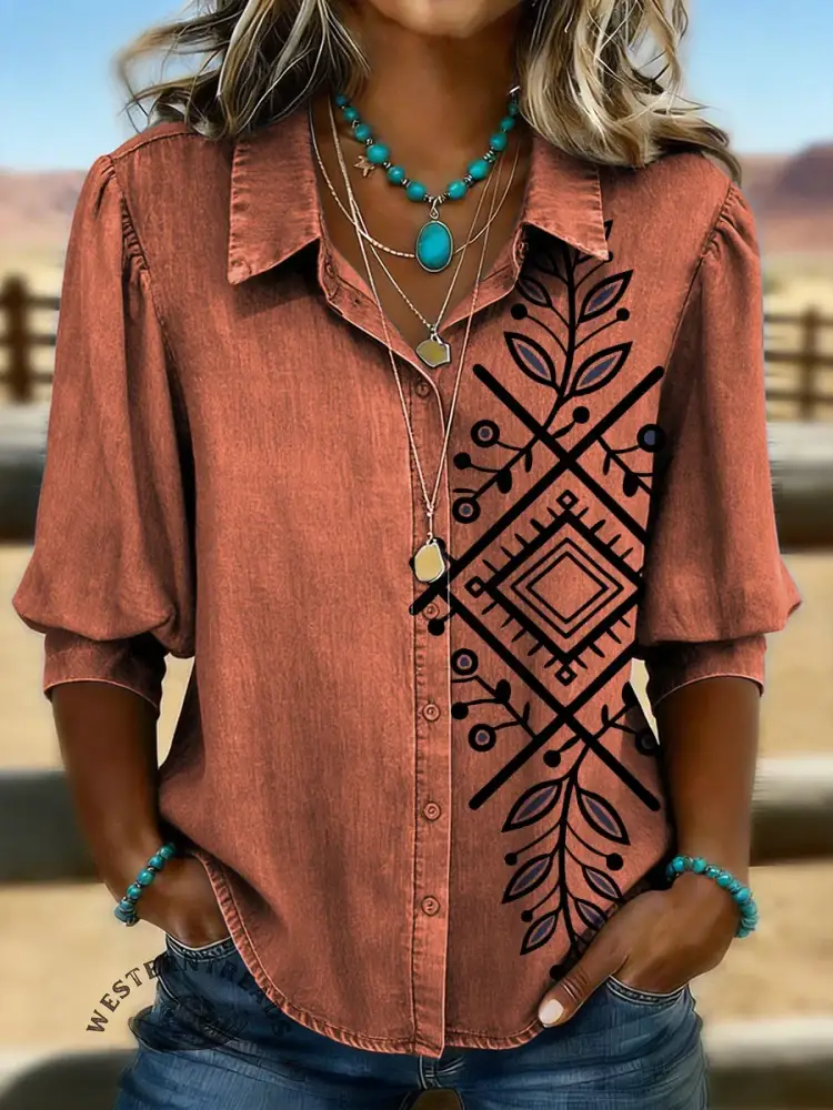 Women's Retro Aztec Floral Art Casual Puff Sleeve Denim Shirt