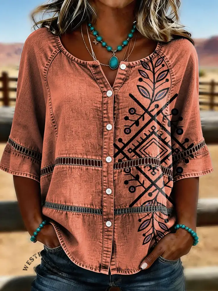 Women's Retro Aztec Floral Art Print Casual Hollow-Out Denim Shirt