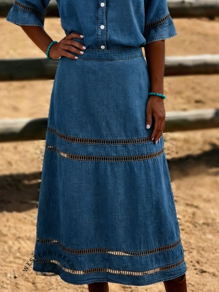 Women's Retro Casual Lace Hollow Denim Long Skirt