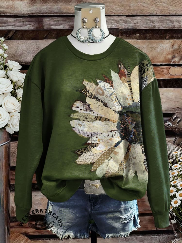 Women's Retro Ethnic Style Daisy Flowers Art V-neck Casual T-Shirt - Image 2