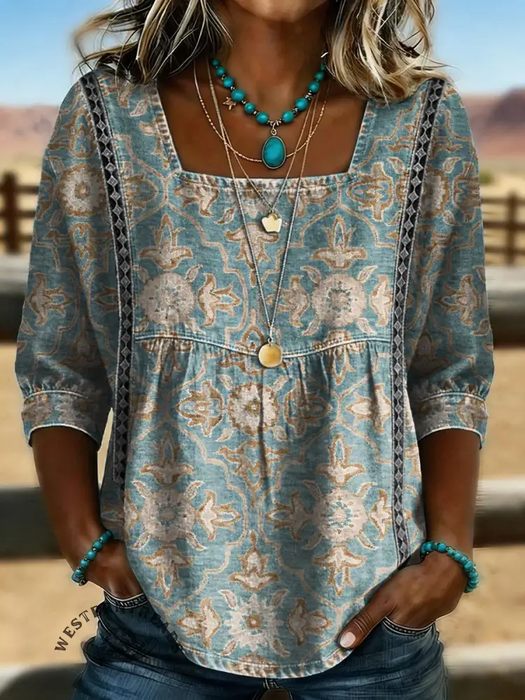 Women's Retro Floral Casual Loose Denim Blouse Shirt
