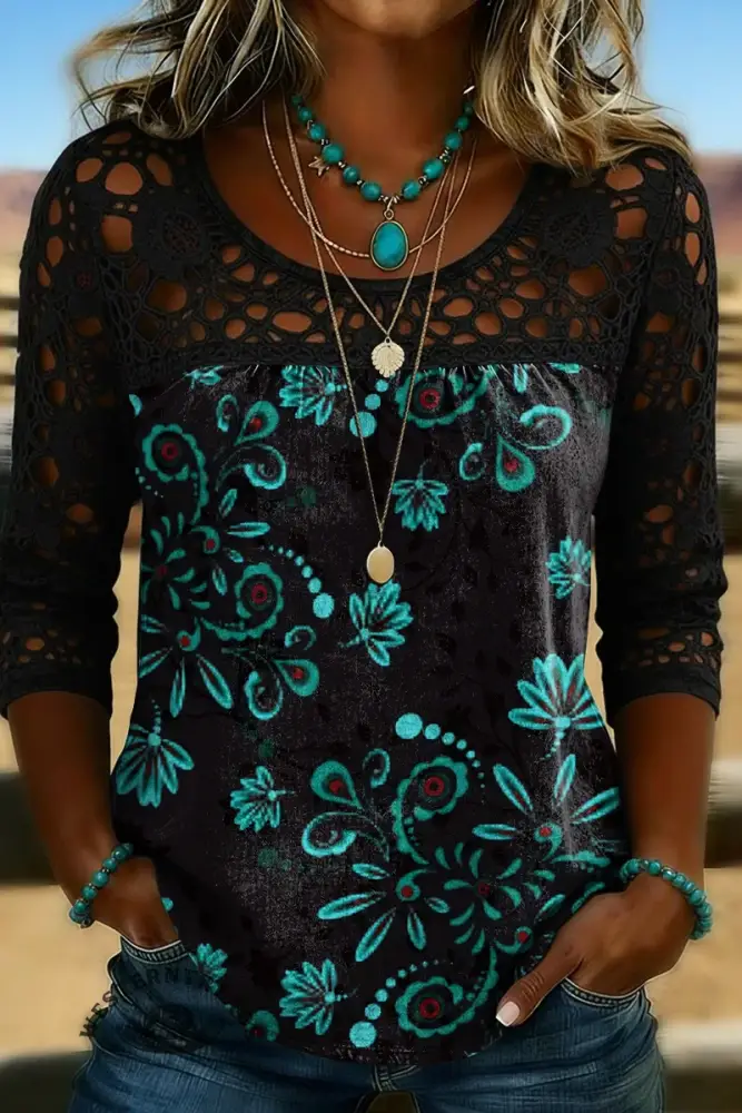 Women's Retro Floral Casual Loose Lace Denim Shirt