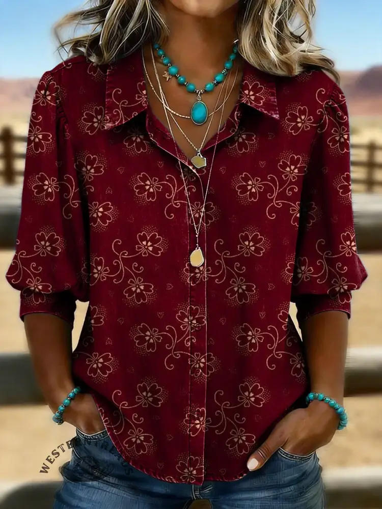 Women's Retro Floral Casual Puff Sleeve Denim Shirt