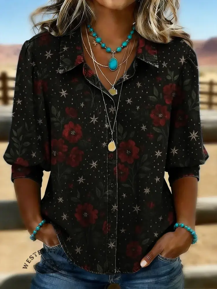 Women's Retro Floral Casual Puff Sleeve Denim Shirt