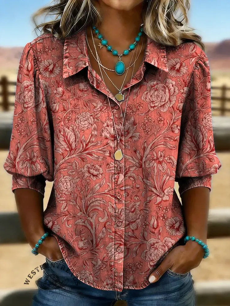 Women's Retro Floral Casual Puff Sleeve Denim Shirt