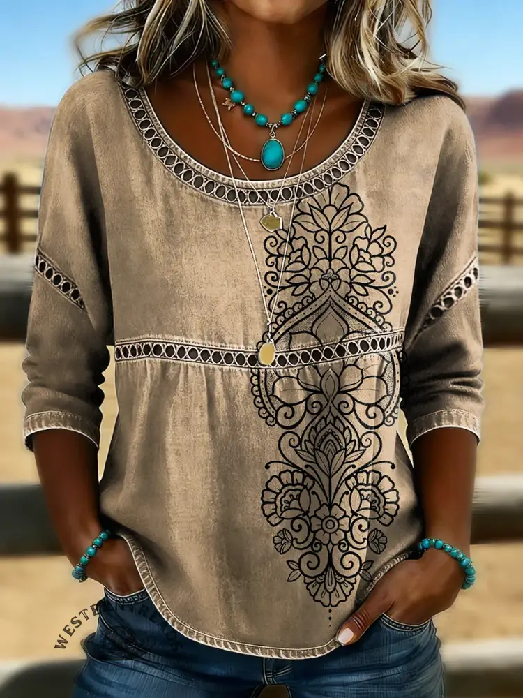 Women's Retro Floral Print Casual Hollow Denim Shirt