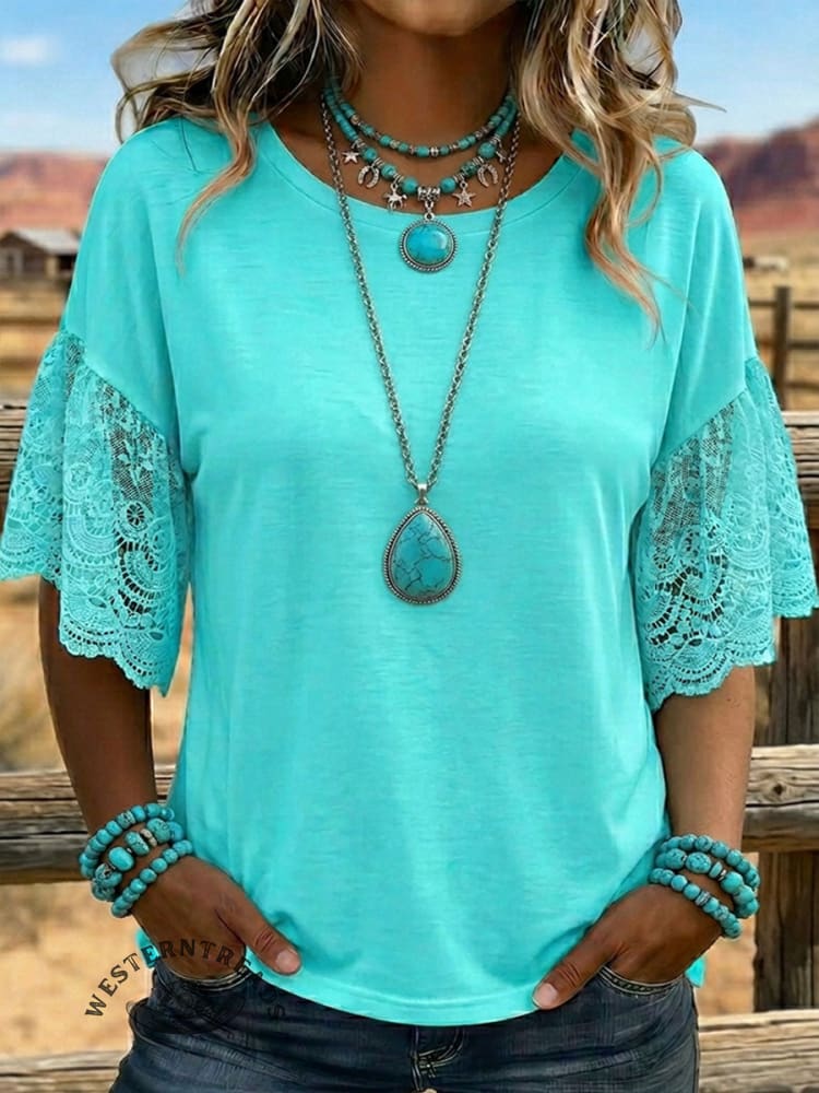 Women's Retro Hollow Lace Patchwork T-shirt
