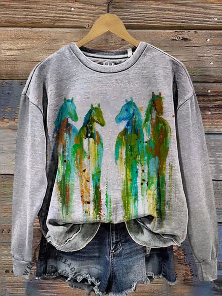 Women's Retro Horse Watercolor Art Print Casual V-neck T-shirt - Image 3