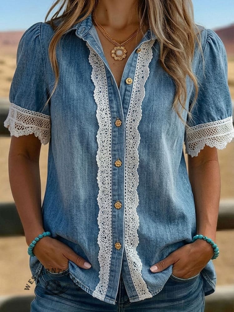 Women's Retro Western Casual Lace Spliced Denim Shirt