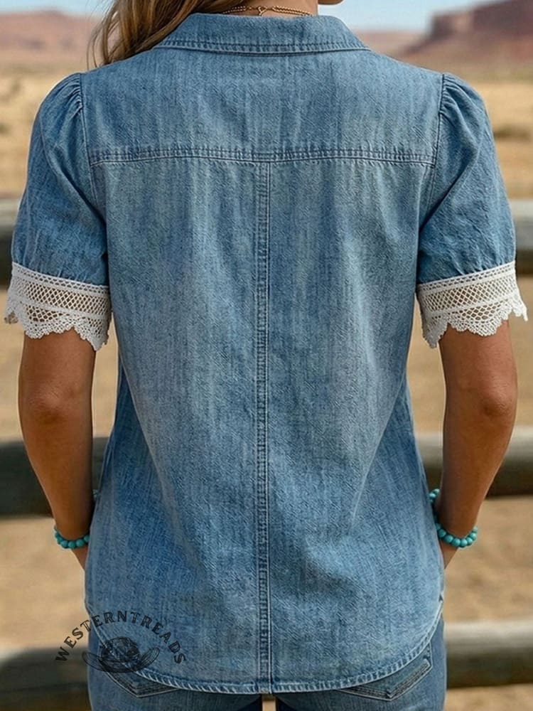 Women's Retro Western Casual Lace Spliced Denim Shirt - Image 2