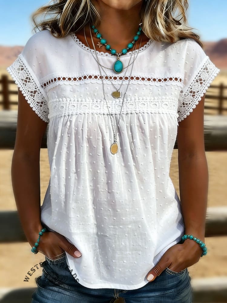 Women's Round Neck Lace Crochet Short Sleeve Shirt Casual Chiffon Shirt