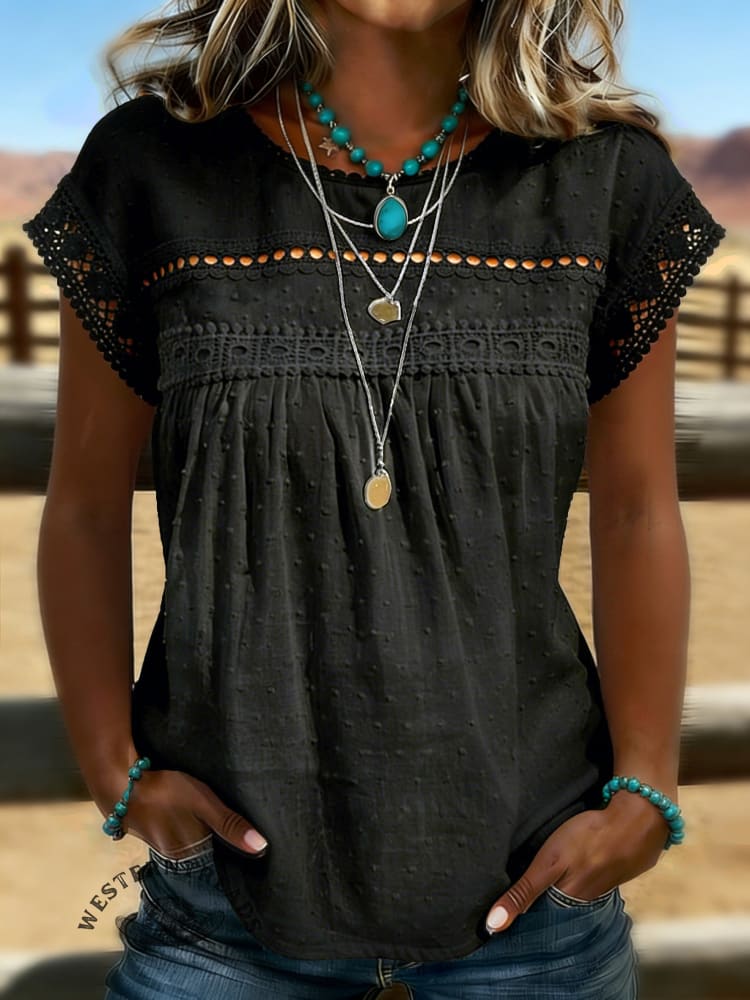 Women's Round Neck Lace Crochet Short Sleeve Shirt Casual Chiffon Shirt - Image 4