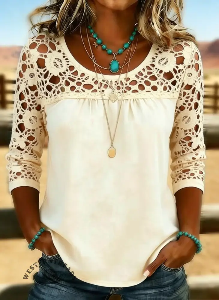 Women's Solid Color Casual Loose Lace Denim Shirt - Image 3