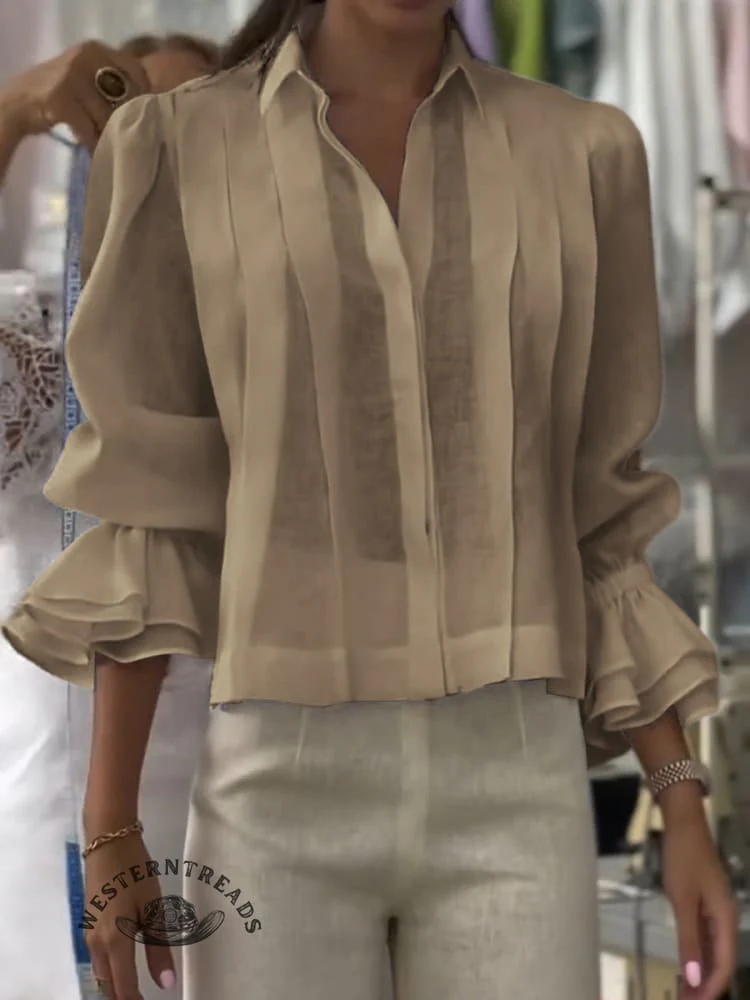 Women's Solid Color Western Horseback Riding Lapel Long Sleeve Casual Loose Linen Cardigan Top - Image 6