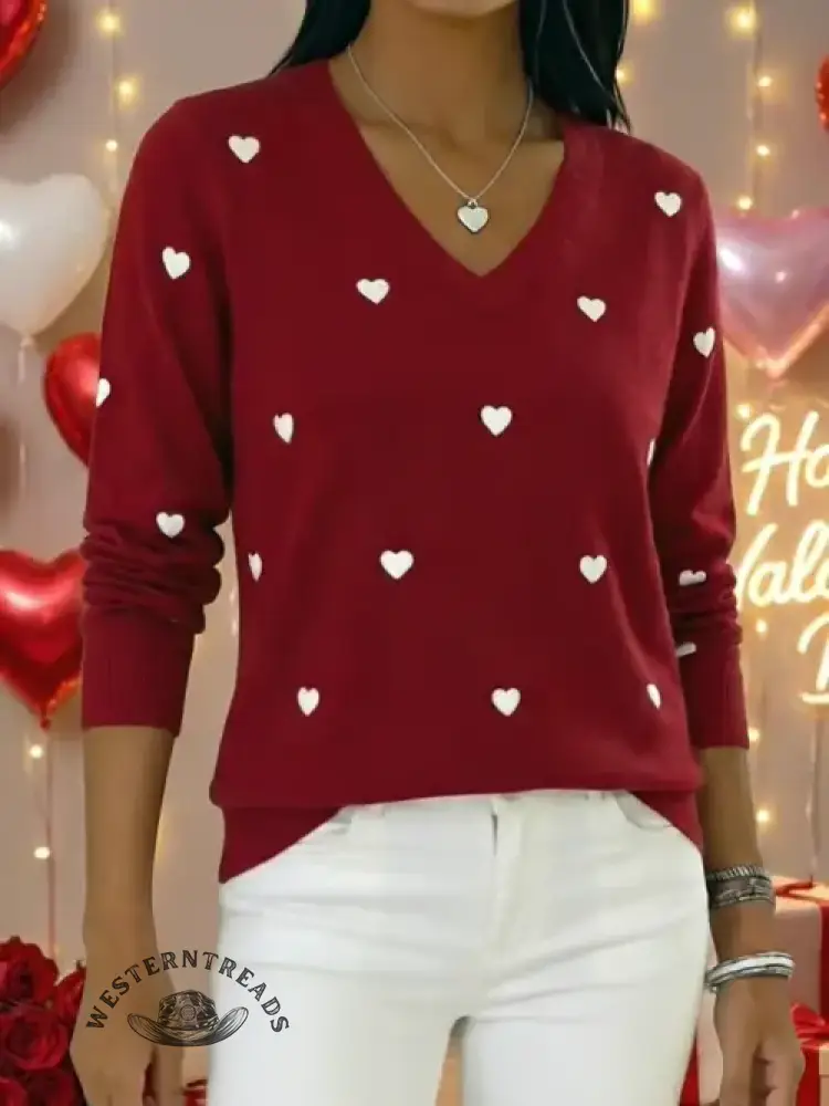 Women's Valentine's Day Heart Jacquard V-neck Long-sleeved Knit Sweater - Image 2